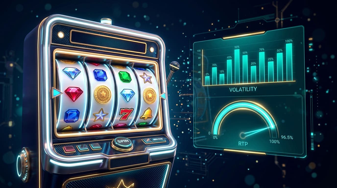 Glowing slot machine reels beside a teal chart and percentage gauge