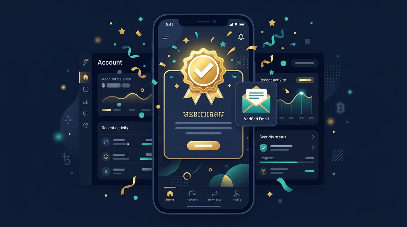 Account dashboard with a gold checkmark badge and an envelope icon for email verification
